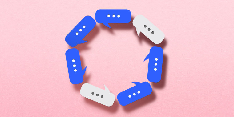 Photo illustration: A circle of blue and white speech bubbles.