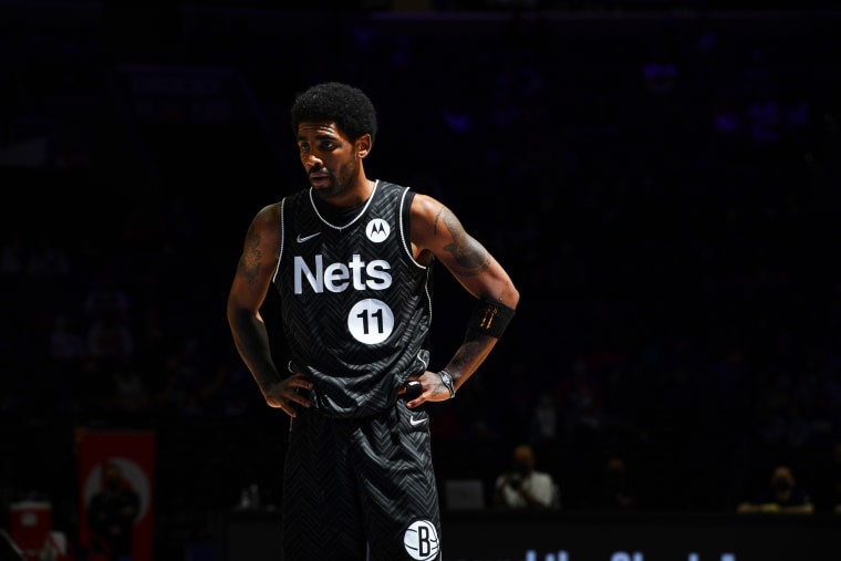 Kyrie Irving of the Brooklyn Nets looks on during a game against the Philadelphia 76ers on April 14, 2021, in Philadelphia.