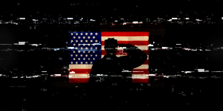 Photo illustration: A black glitchy screen showing a silhouette of a person saluting the American flag.