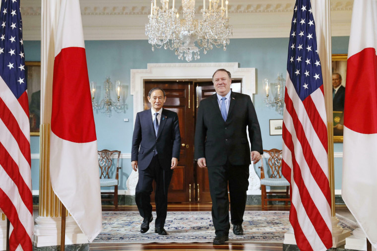 Secretary of State Mike Pompeo and Japanese Chief Cabinet Secretary Yoshihide Suga prepare to hold talks in Washington on May 9, 2019.