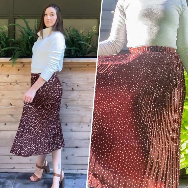 Split image of Writer Sophie van Bastelaer wearing the Amazon Exlura Skirt from Amazon