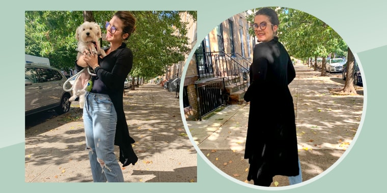 Two images of Writer Casey DelBasso wearing the POGTMM Open-Front Drape Lightweight Dusterin black