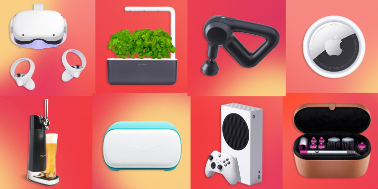 Illustration of a Click and Grow, Oculus Quest 2, Apple AirTag, FIZZICS DraftPour Beer Dispenser, Massage Gun, Cricut Joy, Dyson Airwrap and Xbox Series S Console