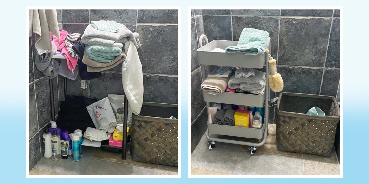 Before and After image of Writer Terri Peters bathroom, after using a storage cart to organize