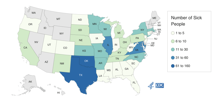 A map showing case numbers for a salmonella outbreak across the country.
