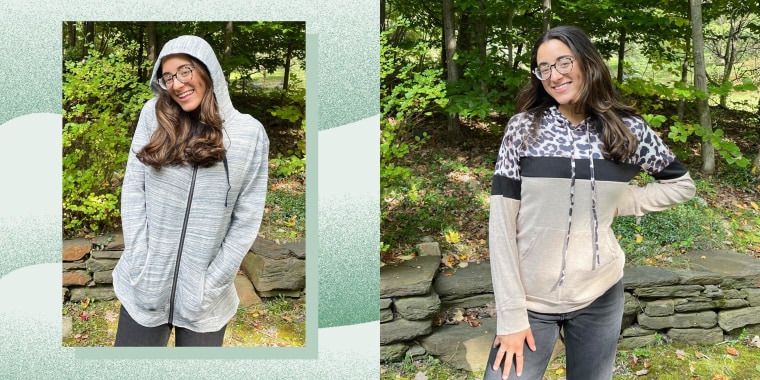 Writer Jillian Ortiz wearing two different hoodie sweaters from Amazon