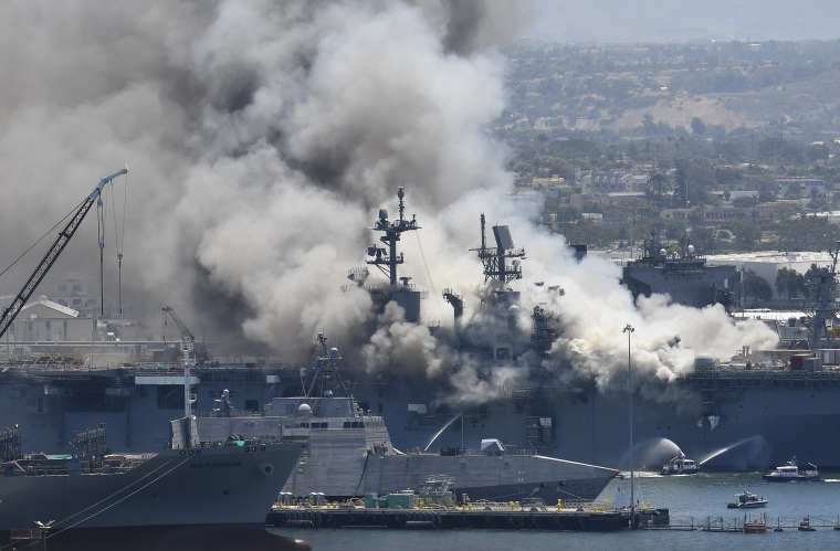 Image: Smoke rises from the USS Bonhomme Richard at Naval Base San Diego on July 12, 2020 after an explosion and fire on board the ship.