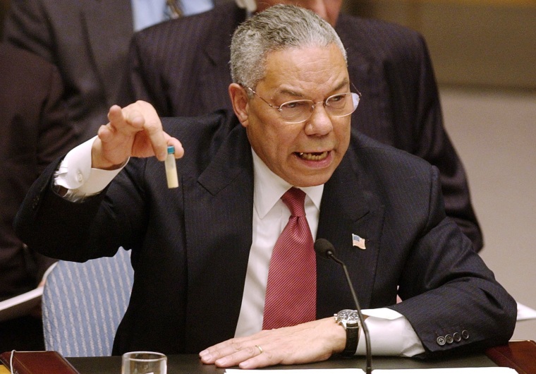 Secretary of State Colin Powell holds up a vial he said could contain anthrax as he presents evidence of Iraq's alleged weapons programs to the United Nations Security Council in this Feb. 5, 2003 file photo.