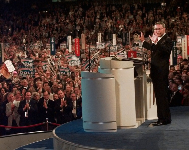 Gen. Colin Powell speaks at the Republican National Convention on Aug. 12, 1996, in San Diego.