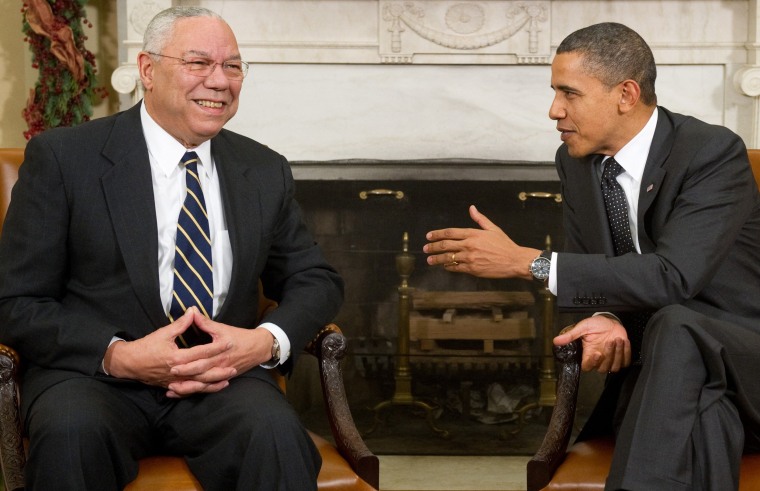 President Barack Obama speaks with former Secretary of State Gen. Colin Powell in the Oval Office on Dec. 1, 2010.