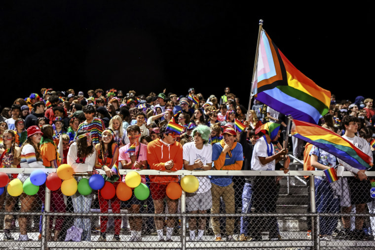 People watch the "drag ball" halftime show at Burlington High School on Oct. 15, 2021, in Burlington, Vt.