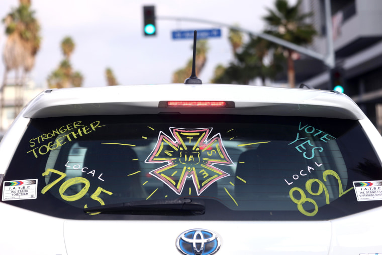 A driver displays their support for the IATSE union on Oct. 07, 2021, in Los Angeles.