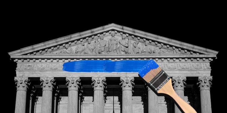 Photo illustration: A paint brush painting a blue swash over the US Supreme Court building.