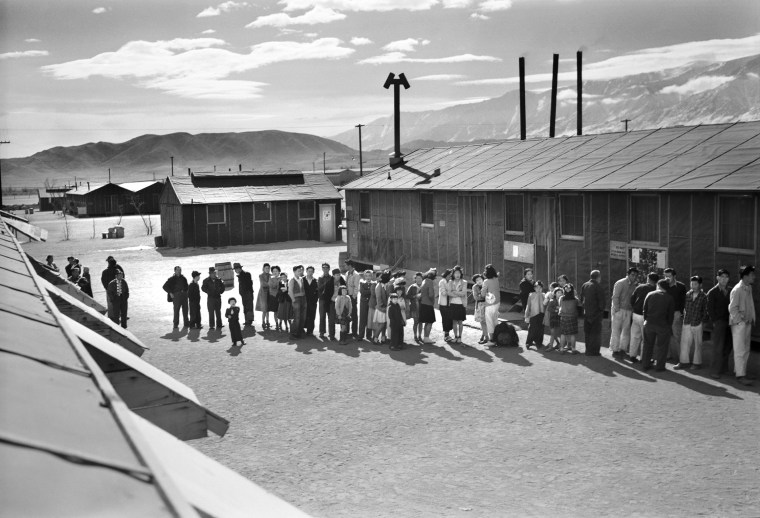 Japanese-Americans waiting for Mess Hall line, Manzanar Relocation Center, USA, Ansel Adams, Manzanar War Rocation Center Collection, 1943