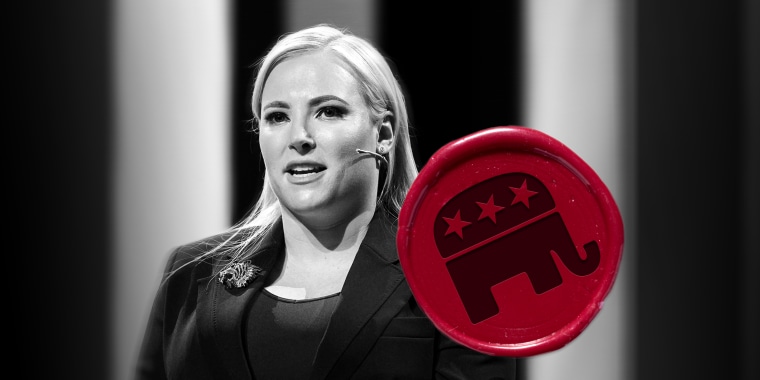 Photo illustration: A red wax seal with the Republican party symbol over an image of Meghan McCain speaking.