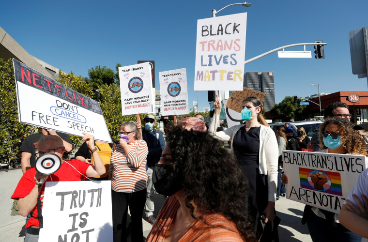 Image: Rally in support of the Netflix transgender employee walkout Stand Up in Solidarity, in Los Angeles