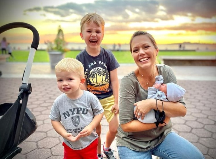 Dylan Dreyer with sons Calvin, 4, Oliver, 21 months, and Rusty, 3 weeks.