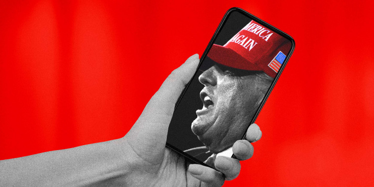 Illustration of a hand holding a phone showing former President Donald Trump speaking at a campaign rally.