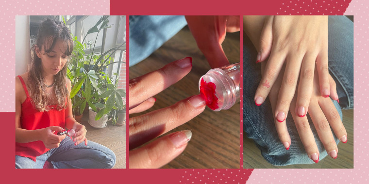 Three images of Writer Cailey Rizzo using a nail polish stamper