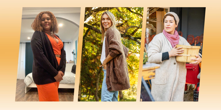 Three images of different Women wearing different colors and styles of Cardigans for fall