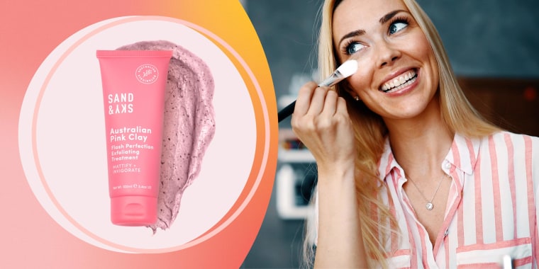 Illustration of a Woman putting on makeup and the Australian Pink Clay Flash Perfection Exfoliating Treatment