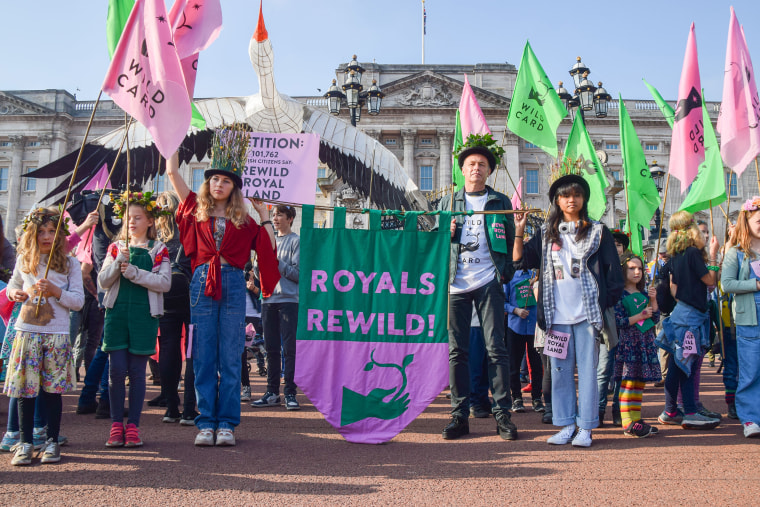 Naturalist and presenter Chris Packham stands with protesters holding a 'Royals Rewild!' banner during the demonstration. Protesters, children, and families gathered outside Buckingham Palace and delivered a petition asking the royal family to rewild thei
