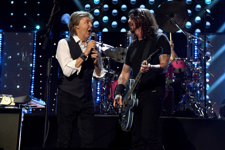 Paul McCartney and Dave Grohl of The Foo Fighters perform onstage during the 36th Annual Rock & Roll Hall Of Fame Induction Ceremony at Rocket Mortgage Fieldhouse.