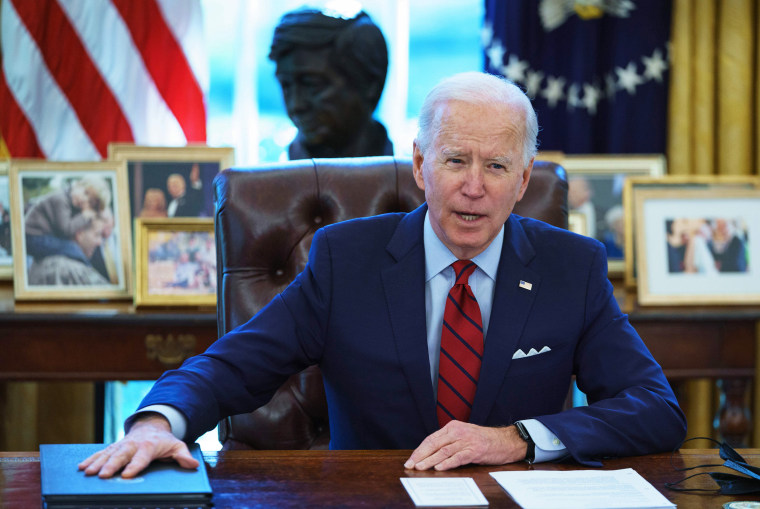 President Joe Biden in the Oval Office of the White House on Jan. 28, 2021.