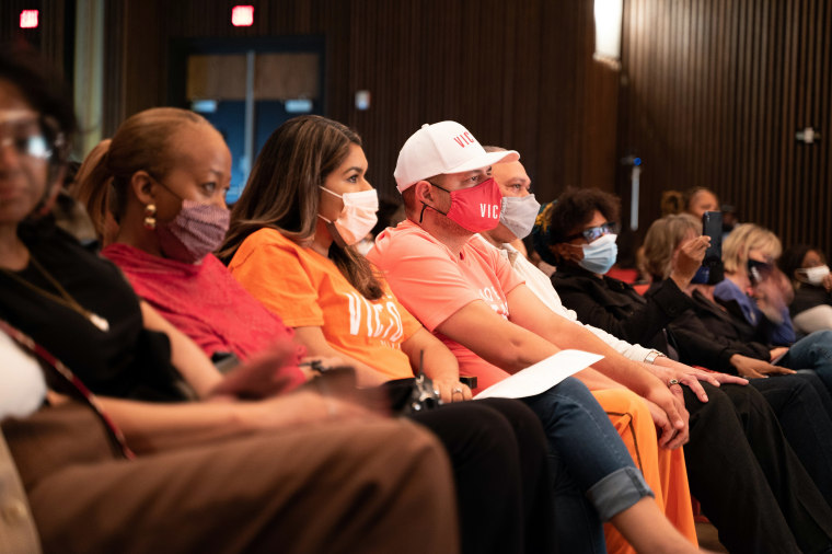 Image: Audience members in North High School's auditorium in Minneapolis on Oct. 12, 2021.