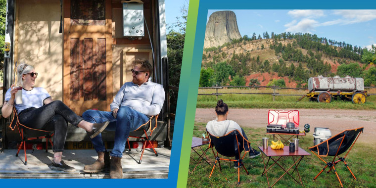 Split Image of a Woman looking at the mountain sitting in her Trekology Yizi-Go Compact Portable Chair and a couple lounging in the same chair