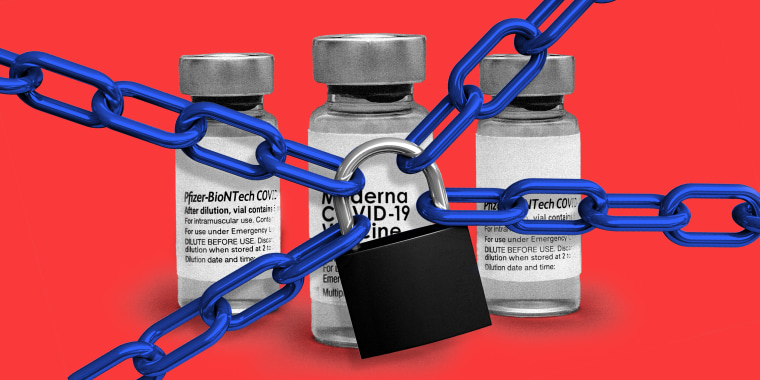 Photo illustration: A chain and padlock over three vaccine vials of Pfizer and Moderna.