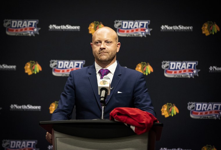 Vice president and general manager Stan Bowman of the Chicago Blackhawks speaks from the podium during the 2020 NHL Entry Draft on Oct. 6, 2020 in Chicago.
