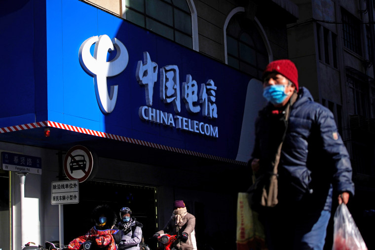 A sign of China Telecom is seen on a street, during the coronavirus disease (COVID-19) outbreak in Shanghai