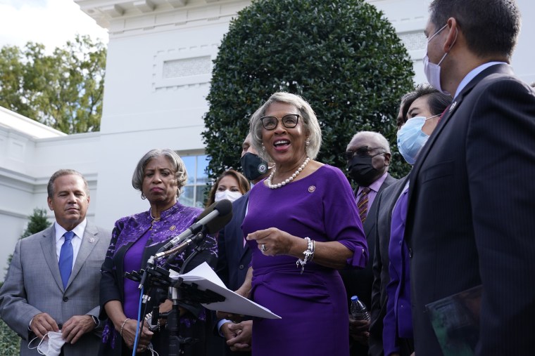 Rep. Joyce Beatty, D-Ohio, center, Chair of the Congressional Black Caucus, speaks outside the West Wing of the White House on Oct. 26, 2021.