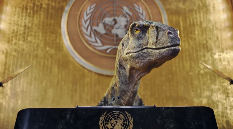 A computer-generated dinosaur addresses the United Nations in a video released ahead of this year's U.N. climate change summit.