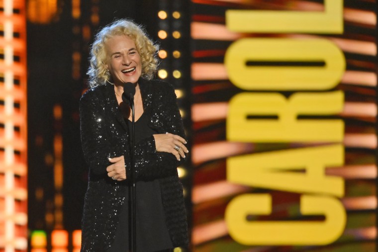 Carole King speaks after being inducted in the performer category during the Rock &amp; Roll Hall of Fame Induction ceremony on Oct. 30, 2021, in Cleveland.