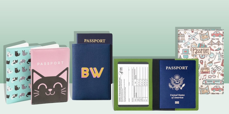 Illustration of four different colors and styles of passport holders