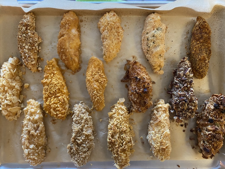 From left to right, starting at the top: pretzels, pork rinds, panko, standard breadcrumbs, almond and flax meal, potato chips, Cap'n Crunch, corn flakes, crispy fried onions, chopped pecans, Rice Krispies, shredded wheat, Corn Chex, Ritz Crackers and savory granola.