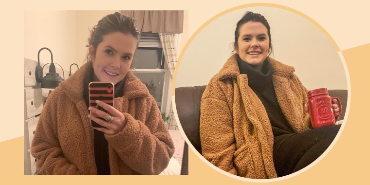 Two images of Writer Casey DelBasso wearing the PRETTYGARDEN Women's Fashion Shearling Shaggy Oversized Coat Jacket