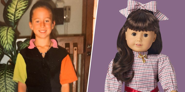 Danielle Campoamour, sporting some rad 1990s fashion, and her American Girl doll of choice, Samantha.