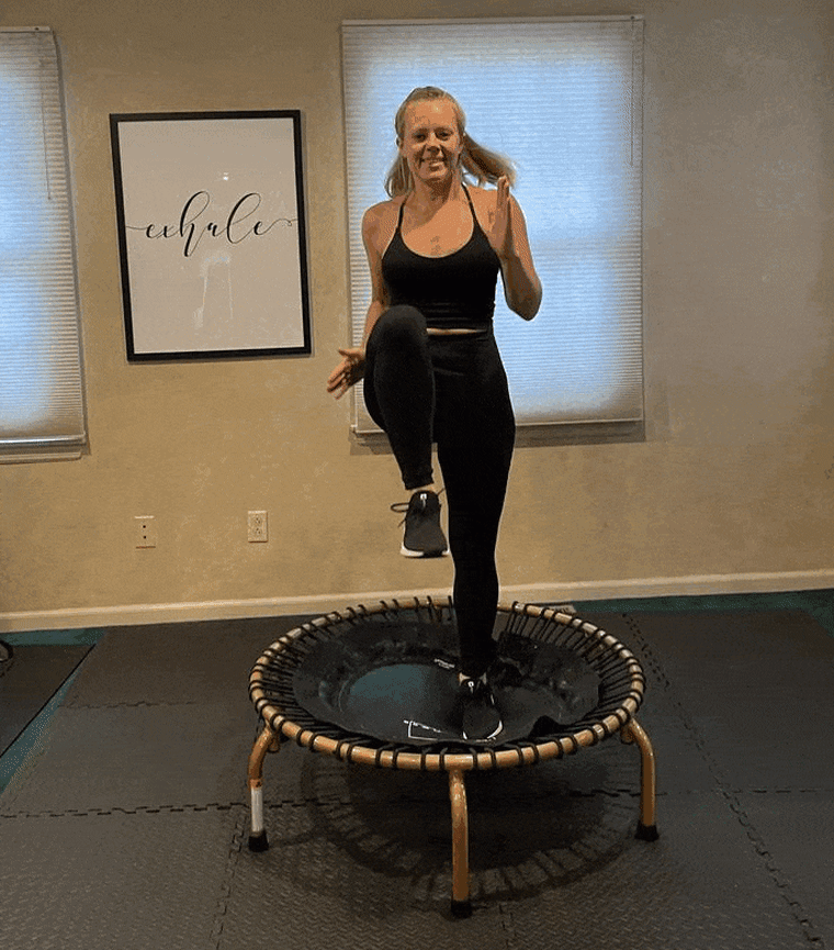 The trampoline takes the impact out of high-intensity moves like high knees.