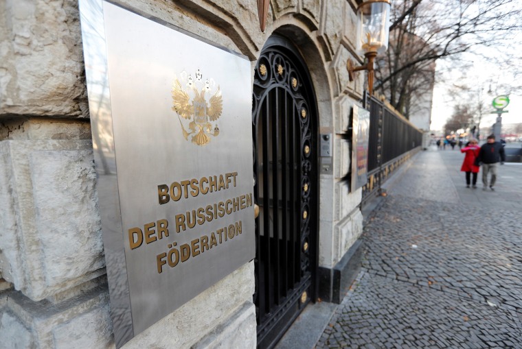 Image: The Russian Embassy in Berlin after Germany expelled two Russian diplomats on Wednesday.