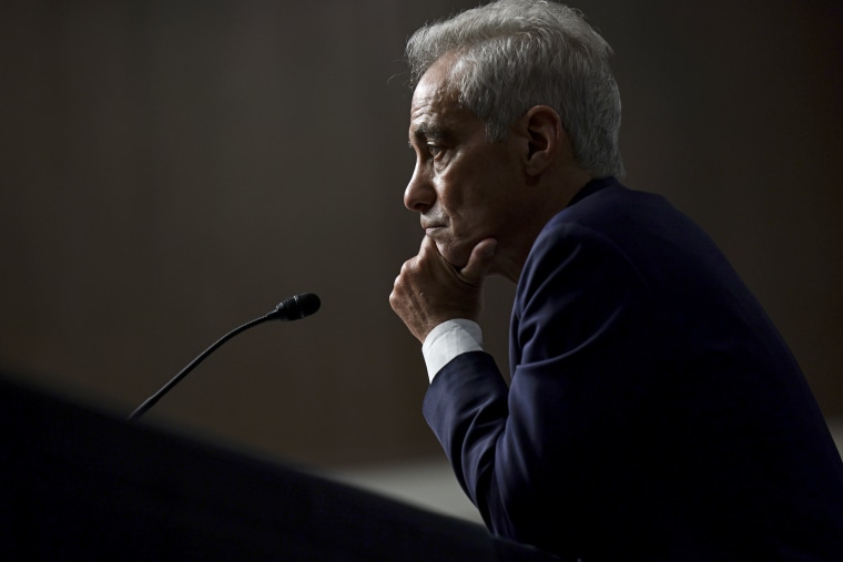 Image: Rahm Emanuel during a confirmation hearing on Capitol Hill on Oct. 20, 2021.