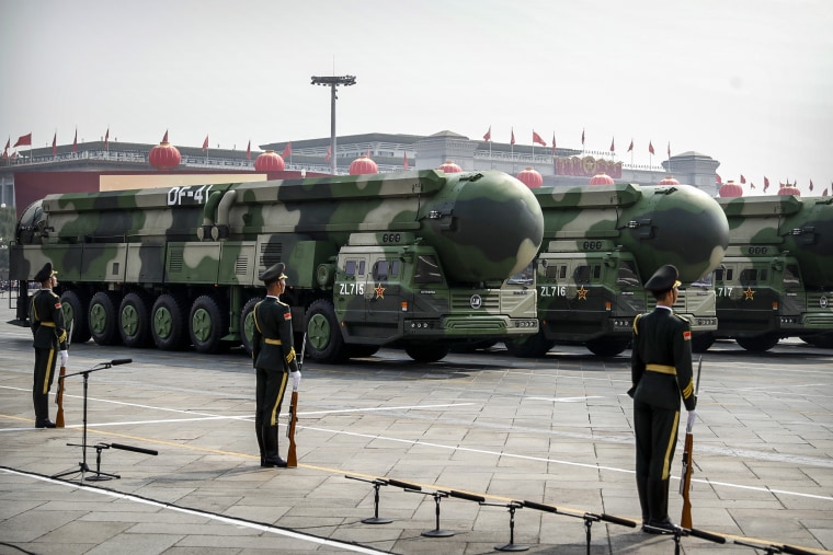 Chinese military vehicles carrying DF-41 ballistic missiles roll during a parade to commemorate the 70th anniversary of the founding of Communist China in Beijing on Oct. 1, 2019.