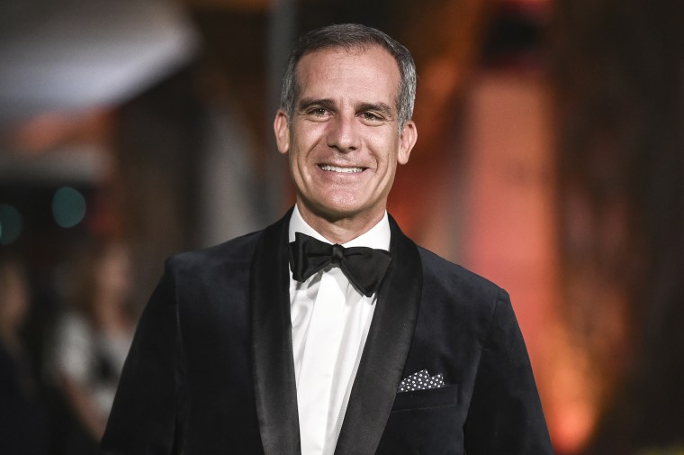 Eric Garcetti arrives at the Academy Museum of Motion Pictures Gala on Sept. 25, 2021, in Los Angeles.