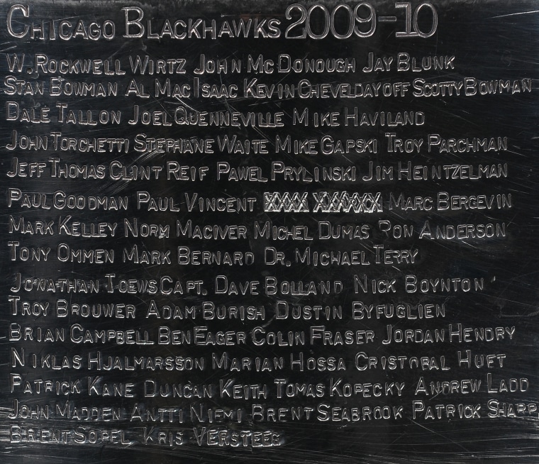 Brad Aldrich's name has been covered over with a series of x's on the Stanley Cup.