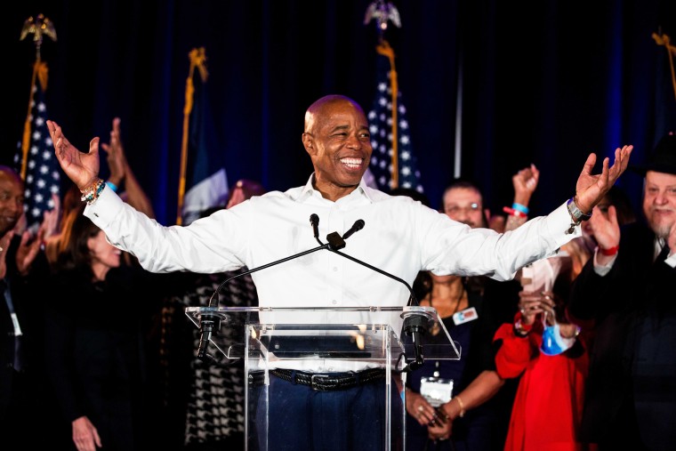Mayor-elect Eric Adams speaks at celebrates his victory in the mayoral election with supporters in Brooklyn, N.Y., on Nov. 2, 2021.