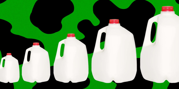 Illustration of gallons of milk increasing in size on a background of a cow pattern.