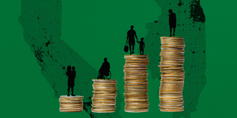 Illustration of people standing on top of piles of coins, creating a bar graph.