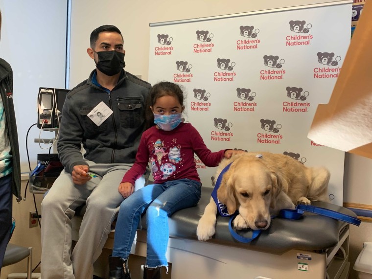 Sophia Silva, 5, getting ready to receive the COVID-19 vaccine with the help of facility dog Barney at the National Children's Hospital in Washington D.C.